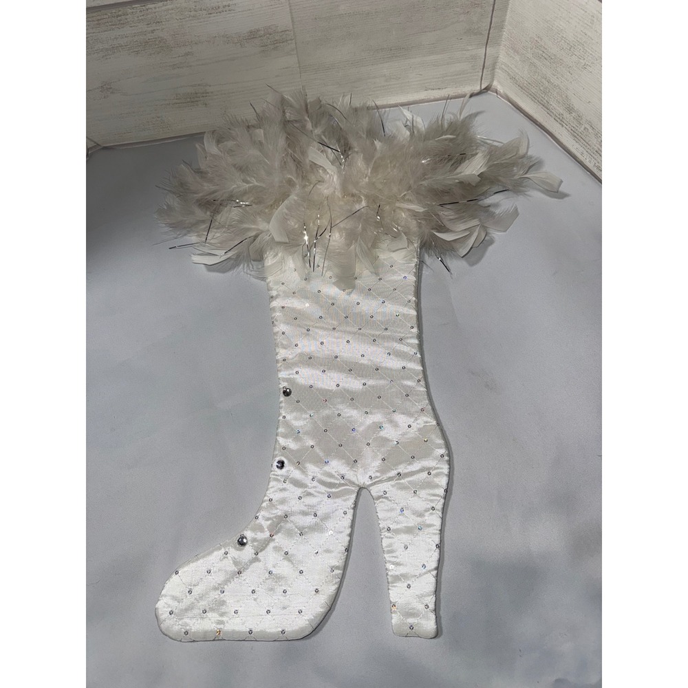 Lynn Allen Santa Baby High Heel Stiletto Christmas‎ Stocking White Satin Feather